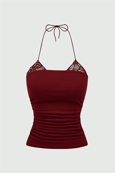 Bordo Dantel Ekli Bağlamalı Y2K Askılı Crop
