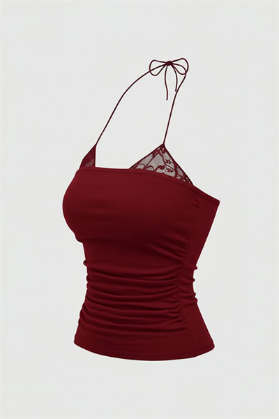 Bordo Dantel Ekli Bağlamalı Y2K Askılı Crop