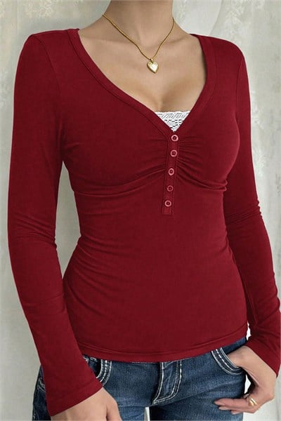 Bordo Dantelli Düğmeli Y2K Uzun Kollu Crop 