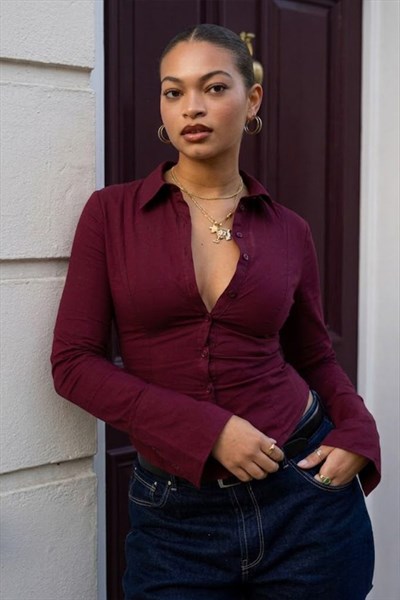 Bordo Dar Kesim İspanyol Kol Poplin Y2K Gömlek