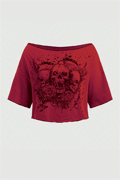Bordo Gothic Skulls Omuzu Açık Kısa Kollu Crop