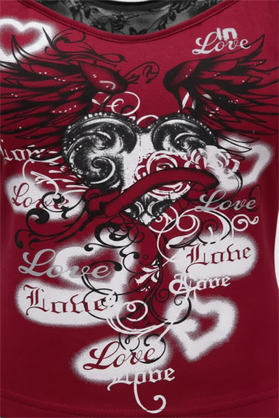 Bordo Gotik Coquette Love Dantel Detaylı Y2K Askılı Crop