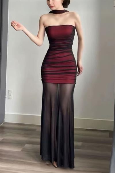 Bordo Gotik Transparan Tül Uzun Elbise