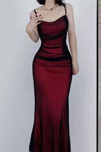 Bordo Gotik Askılı Vampirecore Tül Uzun Elbise