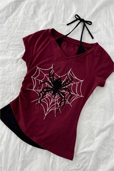 Bordo Heart Gotik Spider Harajuku Ek Askılı Y2K Kısa Kollu Crop