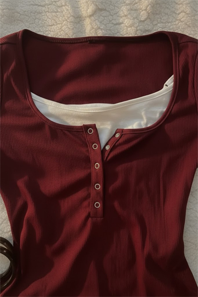 Bordo Henley Yaka Ekli Y2K Kısa Kollu Crop