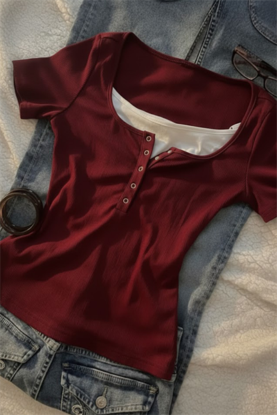 Bordo Henley Yaka Ekli Y2K Kısa Kollu Crop