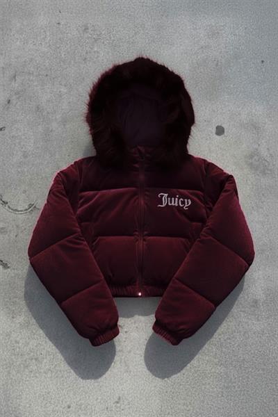 Bordo Juicy Peluş Kapüşonlu Şişme Crop Mont