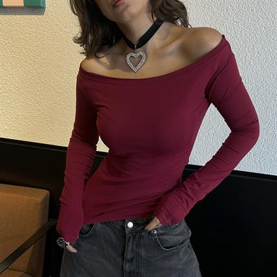 Bordo Madonna Yaka  Uzun Kollu Crop Bluz