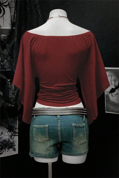 Bordo Madonna Yaka Yarasa Kol Düz Y2K Uzun Kollu Crop