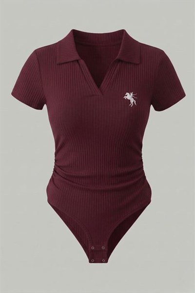 Bordo Polo Ribana Y2K Çıtçıtlı Body