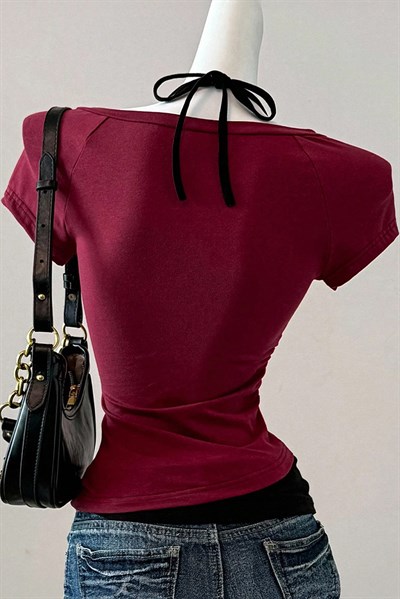 Bordo Vintage Modern Life Ek Askılı Y2K Kısa Kollu Crop