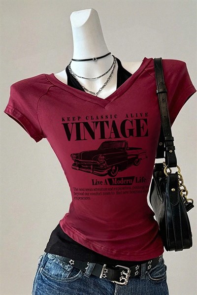 Bordo Vintage Modern Life Ek Askılı Y2K Kısa Kollu Crop