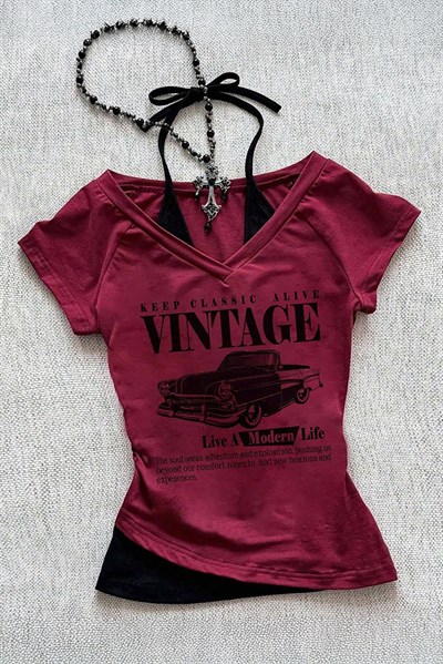 Bordo Vintage Modern Life Ek Askılı Y2K Kısa Kollu Crop