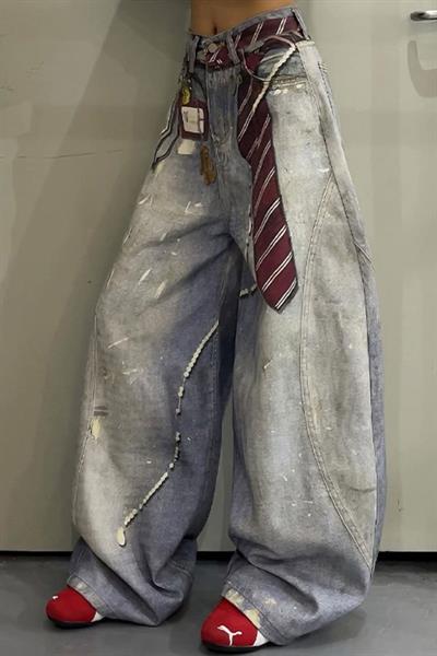 Buz Mavisi Kravat Baskılı Wide Leg Unisex Baggy Pantolon