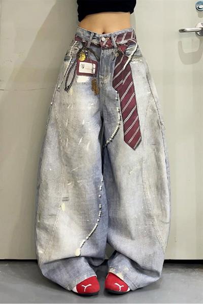 Buz Mavisi Kravat Baskılı Wide Leg Unisex Baggy Pantolon