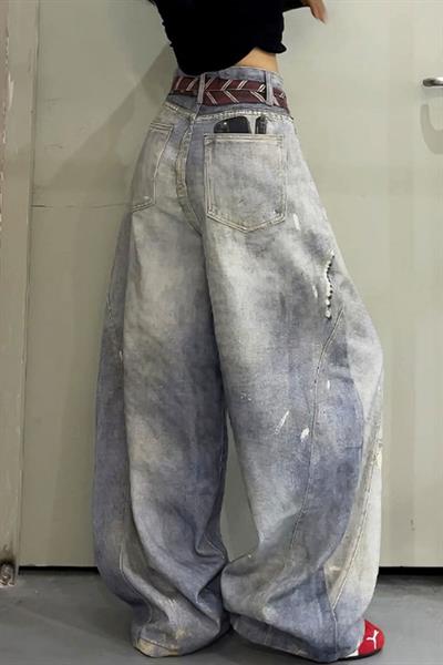 Buz Mavisi Kravat Baskılı Wide Leg Unisex Baggy Pantolon