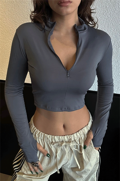 Düz Gri Balıkçı Yaka Yarım Fermuarlı Kesik Parmaklı Uzun Kollu Crop