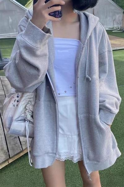 Düz Gri Melanj Fermuarlı Kalın Kumaş Kapüşonlu Oversize Unisex Hırka 
