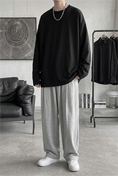 Düz Siyah İNCE KUMAŞ Oversize Unisex Uzun Kollu