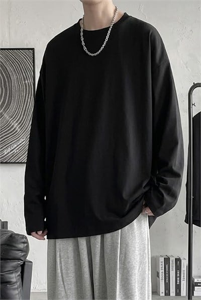Düz Siyah İNCE KUMAŞ Oversize Unisex Uzun Kollu