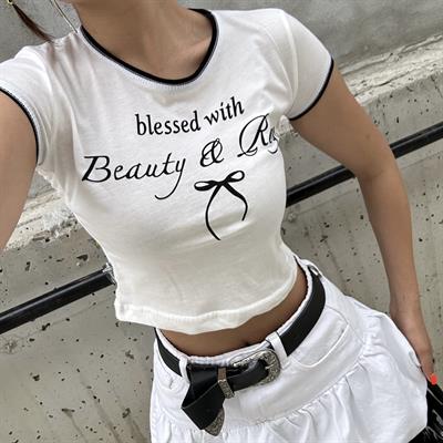 Ekru Blessed With Beauty & Rage Kısa Kollu Crop 