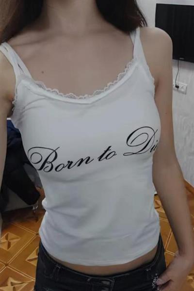 Ekru Lana Del Rey Born To Die Gotik Y2K Askılı Crop
