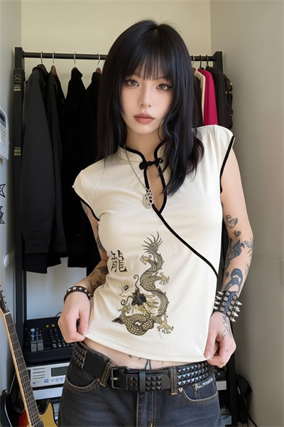 Ekru Mandarin Yaka Ejderha Motifli Vintage Y2K Kısa Kollu Crop