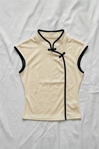 Ekru Mandarin Yaka Siyah Şeritli Qipao Y2K Kısa Kollu Crop