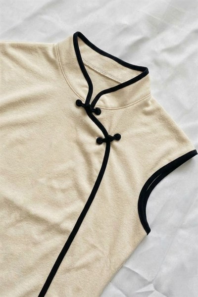 Ekru Mandarin Yaka Siyah Şeritli Qipao Y2K Kısa Kollu Crop