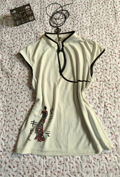 Ekru Mandarin Yaka Vintage Geisha Baskılı Y2K Kısa Kollu Crop