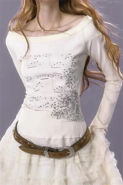 Ekru Nota Desenli Y2K Uzun Kollu Crop