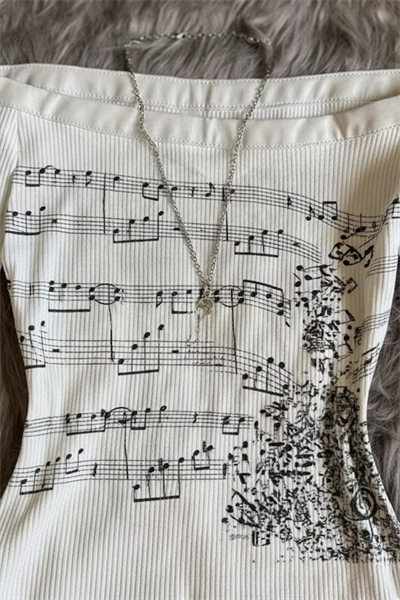 Ekru Nota Desenli Y2K Kısa Kollu Crop