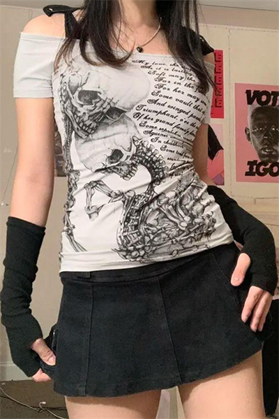 Ekru Skulls Letter Love Body Cyber Grunge Madonna Yaka Y2K Kısa Kollu Crop