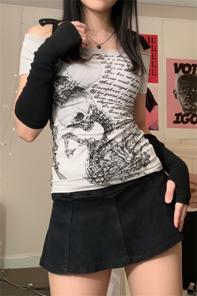 Ekru Skulls Letter Love Body Cyber Grunge Madonna Yaka Y2K Kısa Kollu Crop