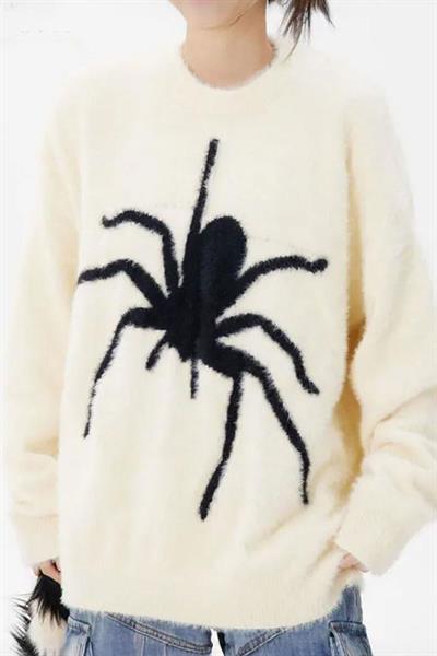 Ekru Spider Kalın Oversize Unsiex Kazak 