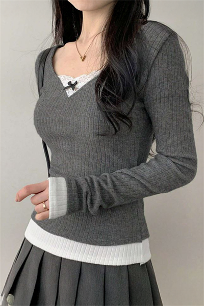 Füme Dantelli Fiyonklu Ekli Y2K Uzun Kollu Crop 