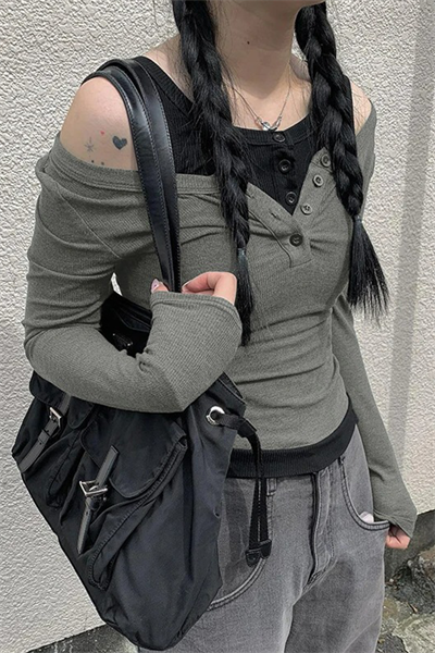 Füme Düğmeli Siyah Ek Parçalı Street Style Y2K Uzun Kollu Crop