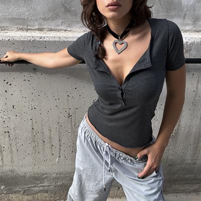 Füme Düğmeli Yaka Yarım T-Shirt