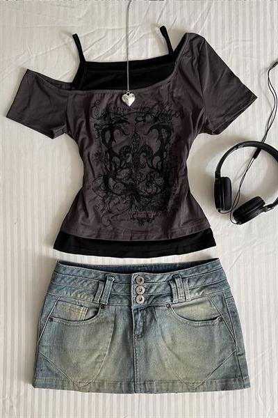 Füme Embrace The Chaos Ek Askılı Y2K Kısa Kollu Full Body Crop