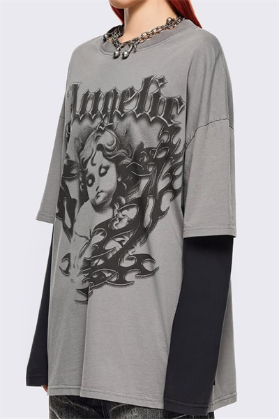 Füme Gotik Angelic Harajuku Siyah Kollu Y2K Uzun Kollu T-Shirt