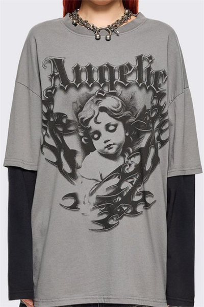 Füme Gotik Angelic Harajuku Siyah Kollu Y2K Uzun Kollu T-Shirt