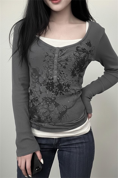 Füme Gotik Flower Ekli Düğmeli Grunge Y2K Uzun Kollu Crop