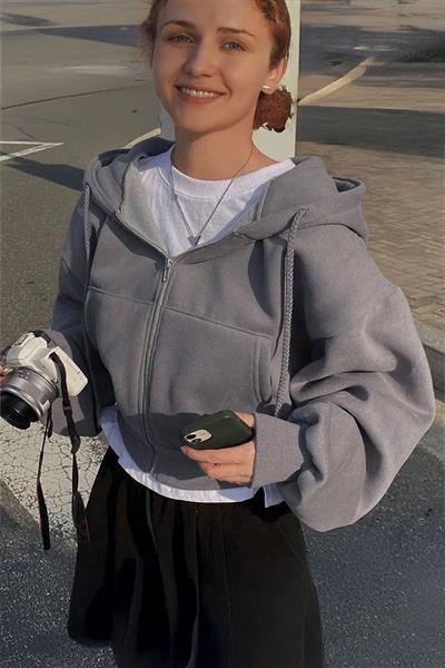 Füme Kalın Kumaş Kapüşonlu Y2K Harajuku Crop Hırka