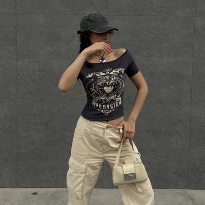 Füme Vintage MoodyGirl Omuz Açık Kısa Kollu Crop