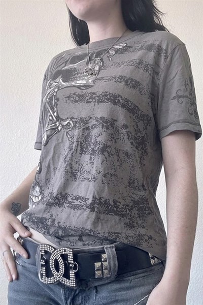 Füme Vintage Siyah Kollu Skull Transition Cyber Grunge Y2K Unisex T-Shirt 