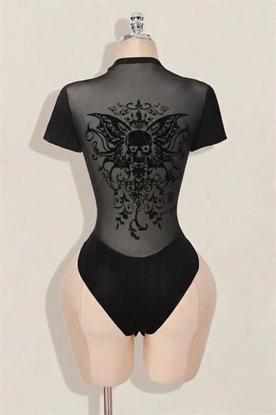 Gotik Skull Butterfly Wings Transparan Kısa Kollu Çıtçıtlı Body