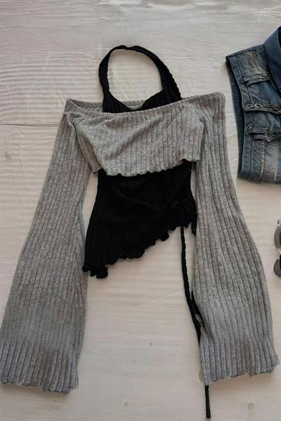 Gri Boyundan Bağlamalı Omuz Açık Y2K Uzun Kollu Crop