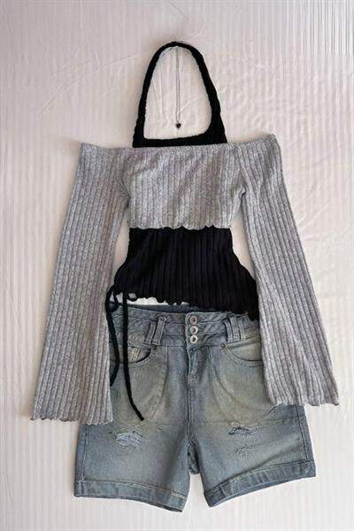 Gri Boyundan Bağlamalı Omuz Açık Y2K Uzun Kollu Crop