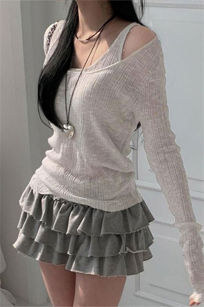 Gri Ek Askılı Madonna Yaka Harajuku Grunge Y2K Uzun Kollu Crop